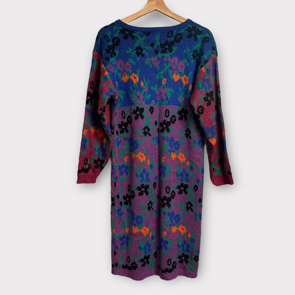 Vintage 80s Colorful Knit Sweater Dress Floral Print - Picture 2 of 3